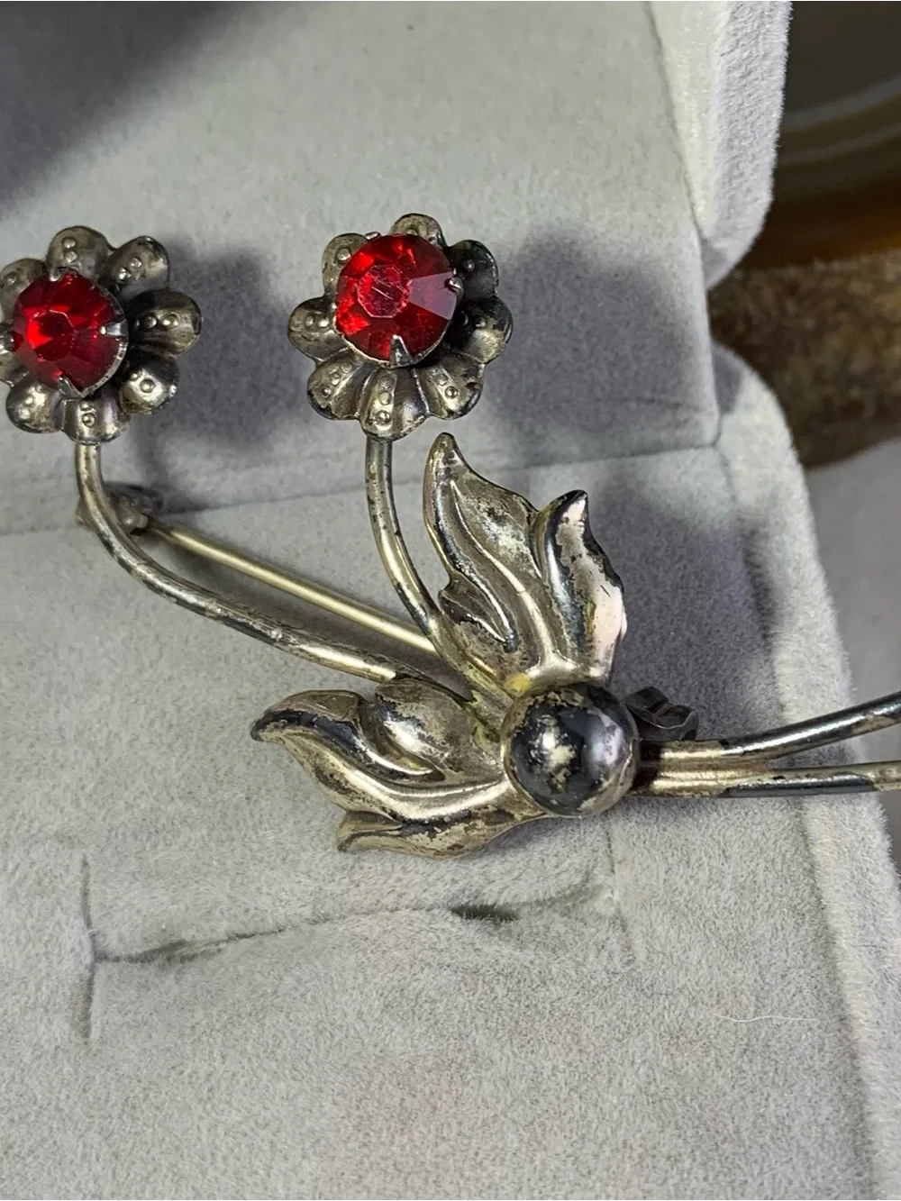 Vintage Sterling Silver Floral Brooch with Red Rhinestone Centers.Lang Sterling